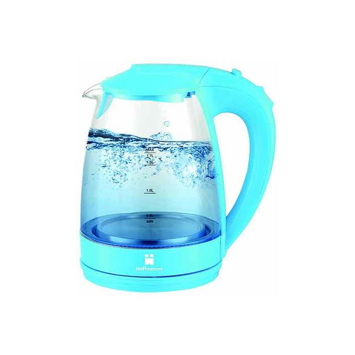 Aankondiging Vijfde Sophie Glazen waterkoker met blauwe led-verlichting als de waterkoker aan staat.  Uitvoering in babyblauw. Inhoud 1,7 liter.